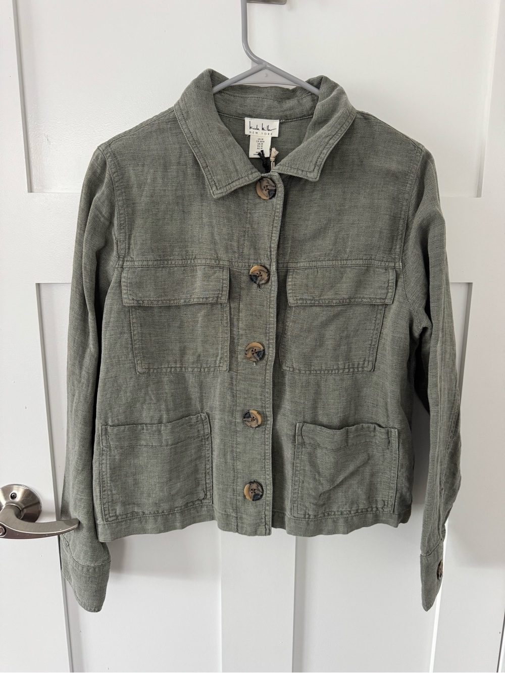 Nicole Miller Olive Green Button-Front Linen-blend Utility Jacket